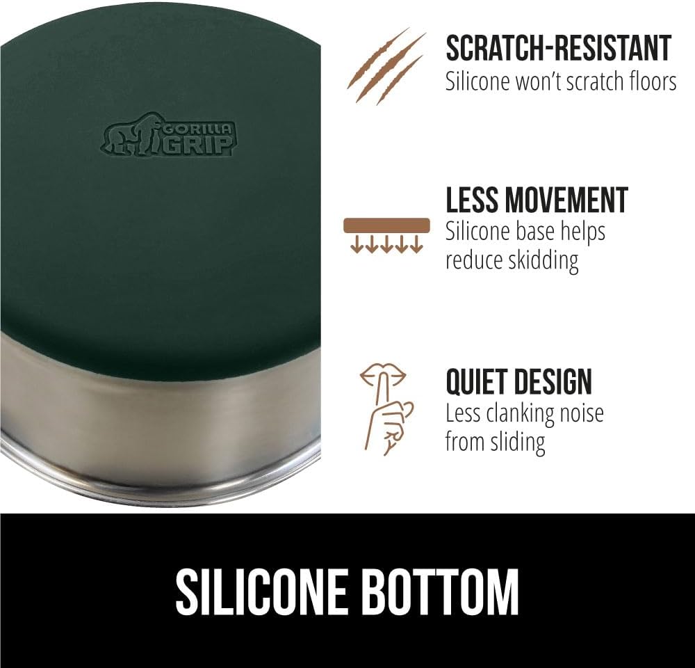 GORILLA GRIP Set of 2 Dog Bowls, Holds 8 Cups (64 fl oz), Heavy Duty Metal Food and Water Bowl for Feeding Dogs and Cats, Dishwasher Safe, Rust Resistant Stainless Steel, BPA Free Rubber Base, Green