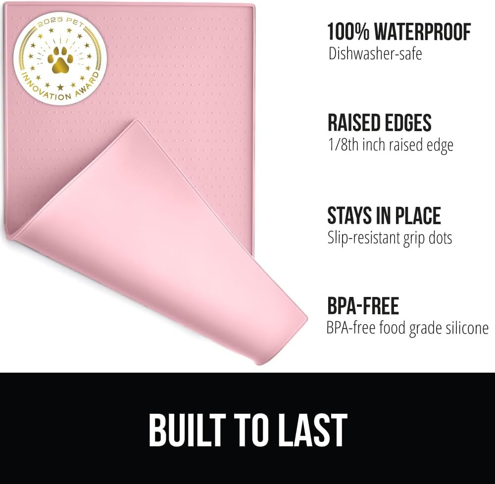 GORILLA GRIP 100% Waterproof Raised Edge BPA Free Silicone Pet Feeding Mat, Dog Cat Food Mats Contain Spills Protects Floors, Placemats for Cats and Dogs Water Bowl, Pets Accessories 23x15 Pink