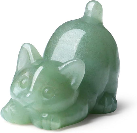 Green Aventurine Cat Crystal Statue Carved Room Decor Figurines for Natural Lazy Gemstones Home Sculpture Handcrafted Healing Stone Lucky Kitten Office Spiritual Gifts for Cat Lovers
