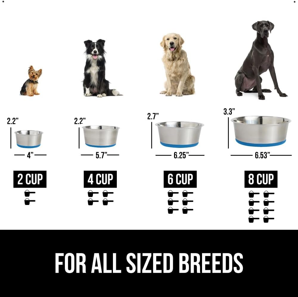 GORILLA GRIP Set of 2 Dog Bowls, Heavy Duty Metal Food and Water Bowl for Feeding Dogs and Cats, Dishwasher Safe, Rust Resistant Stainless Steel, BPA Free Rubber Base, Holds 2 Cups (16 fl oz), Blue