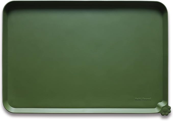 Hoki Found Silicone Pet Food Mat - High-Lips Dog Cat Bowl Placemat - Waterproof, Dark Olive