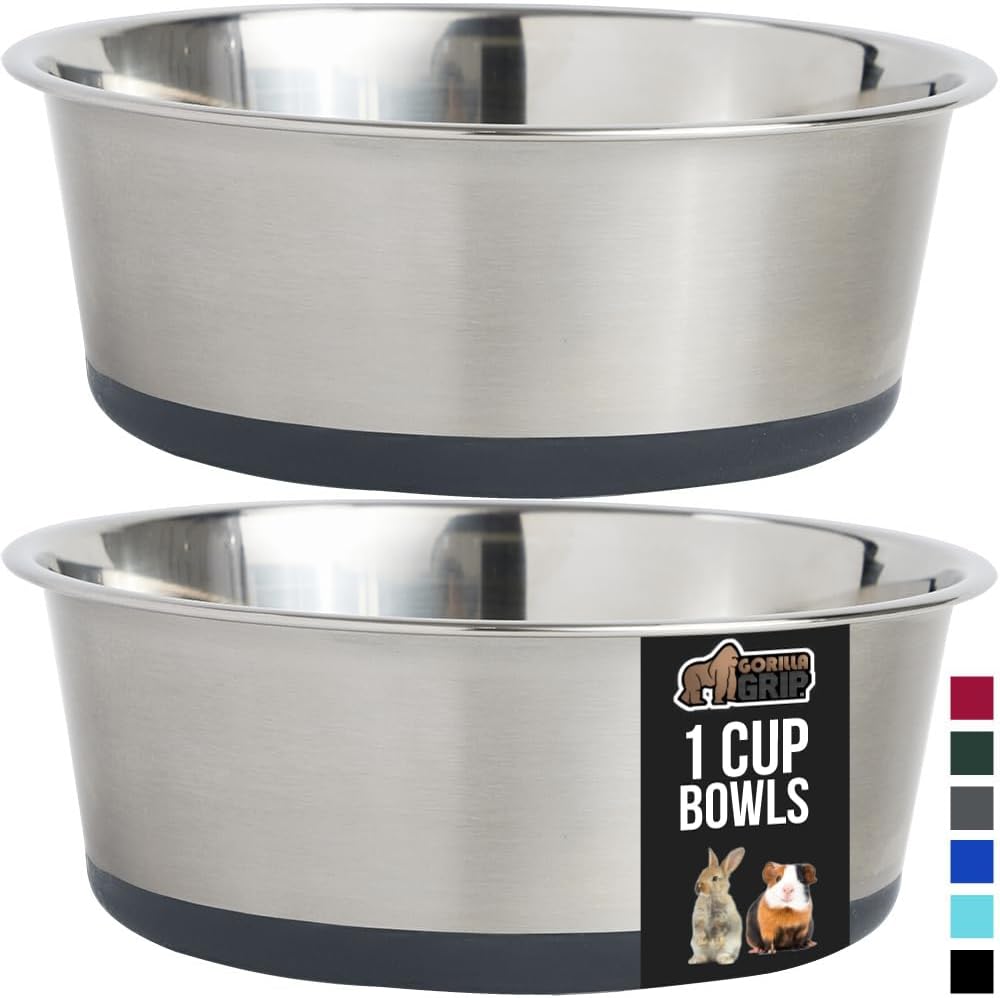 GORILLA GRIP Set of 2 Dog Bowls, Heavy Duty Metal Food and Water Bowl for Feeding Dogs and Cats, Dishwasher Safe, Rust Resistant Stainless Steel, BPA Free Rubber Base, Holds 1 Cup (8 fl oz), Gray
