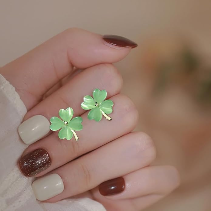 Green Cat Eye's Clover Flower Earrings for Women Girls 925 Sterling Silver Post Pin Hypoallergenic Lucky Love Heart 4 Leaf Petal Small Cute Studs Earring Dainty Gifts for Mother Sister Aunt
