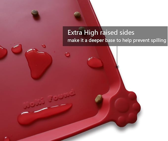 Hoki Found Large Silicone Non-Slip Pet Dog Cat Bowl Mats - Waterproof Dog Cat Food Mats - Classic Red