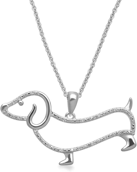 Jewelili Sterling Silver Dachsund Dog Pendant Necklace | Natural White Round Diamonds | 18" Rolo Chain | Fine Jewelry with Gift Box | Timeless Fashion Jewelry Gift for Her