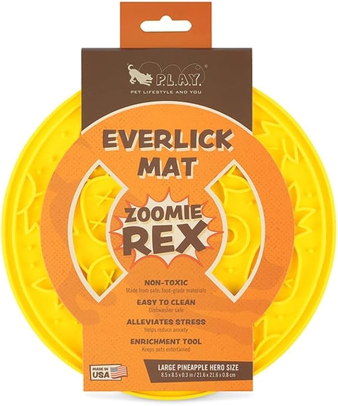 P.L.A.Y. Enrichment Feeding Lick Mat for Dogs & Cats - ZoomieRex EverLick, Great for Puppies & Small, Medium, Large Dog - Alleviate Boredom, Slow Feeder for Meal or Treats, Dishwasher Safe (Yellow)