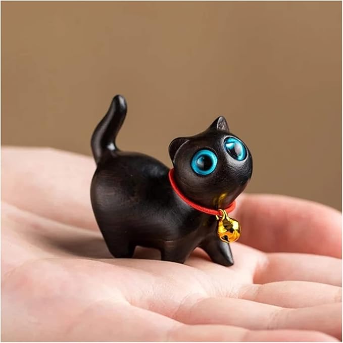 Green Sandalwood Hand Carved Wood Cat Statue, Modern Style, Lovely Gift Home Decor Figurine Table Decoration 【Ebony Lucky Cat】