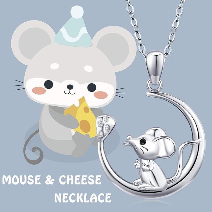 JUSTKIDSTOY Mouse Necklace 925 Sterling Silver Rat on the Moon Pendant Necklace Cute Animal Jewelry Gifts for Women