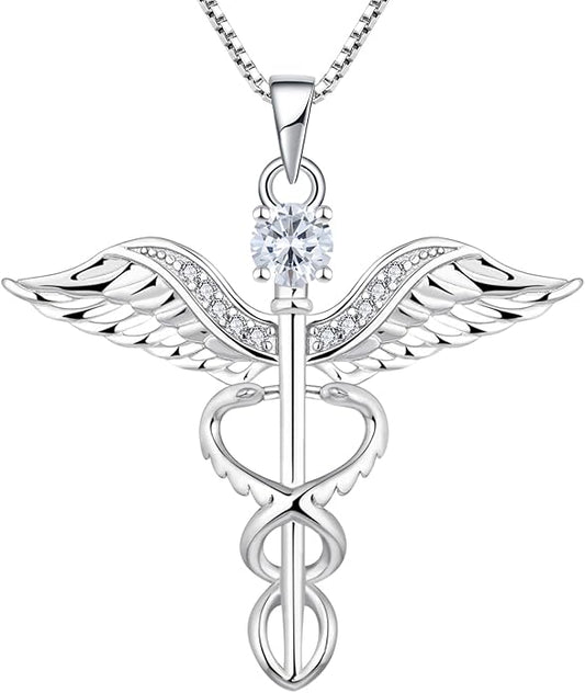 YL Caduceus Necklace Sterling Silver Doctor Nurse Themed Pendant Birthstone Angel Wings Snake Jewelry for Women