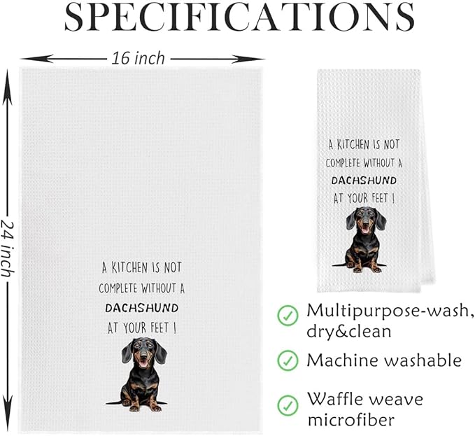 Funny Dachshund Dish Towels set - Dachshund Gifts Waffle Weave Kitchen Towels, Dachshund Decorative Hand Tea Towels for Bathroom Kitchen, Weiner Dog Gifts for Women (16×24 Inches Set of 2)