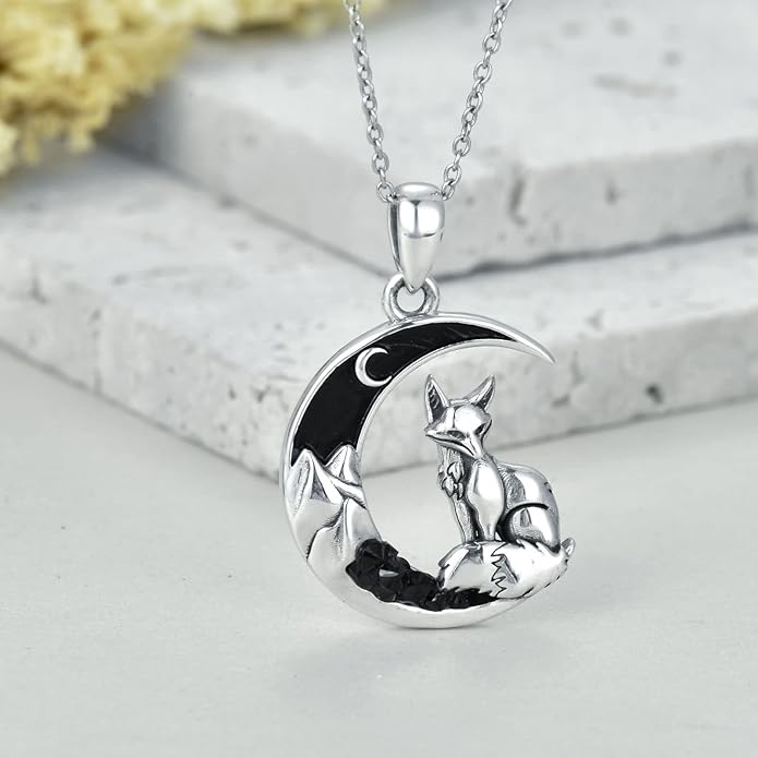 Gothic Jewelry Bat/Cat/Wolf/Dragon/Owl/Fox/Spider/Sun Pendant Sterling Silver Crescent Moon Necklace for Women Girls Black Jewelry Gifts