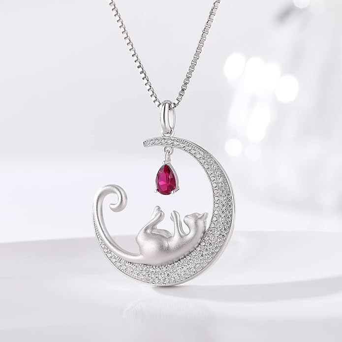 jiamiaoi 18K White Gold Plated Cat Necklace 925 Sterling Silver Diamond Cat Necklace Silver Cat On Moon Necklace for Women Gift for Birthday/Christmas, Come with Gift Box