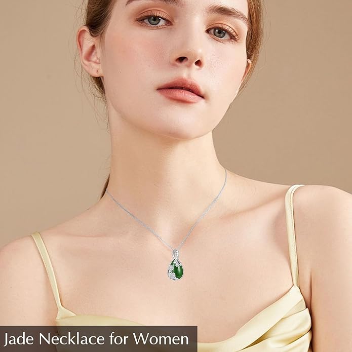 Green Jade Necklace Sterling Silver Teardrop Hummingbird/Dragonfly/Butterfly/Bee/Cat/Cardinal/Owl/Fox/Sloth Natural Jade Jewelry Birthday Mothers Day Christmas Gifts Women Mom Her