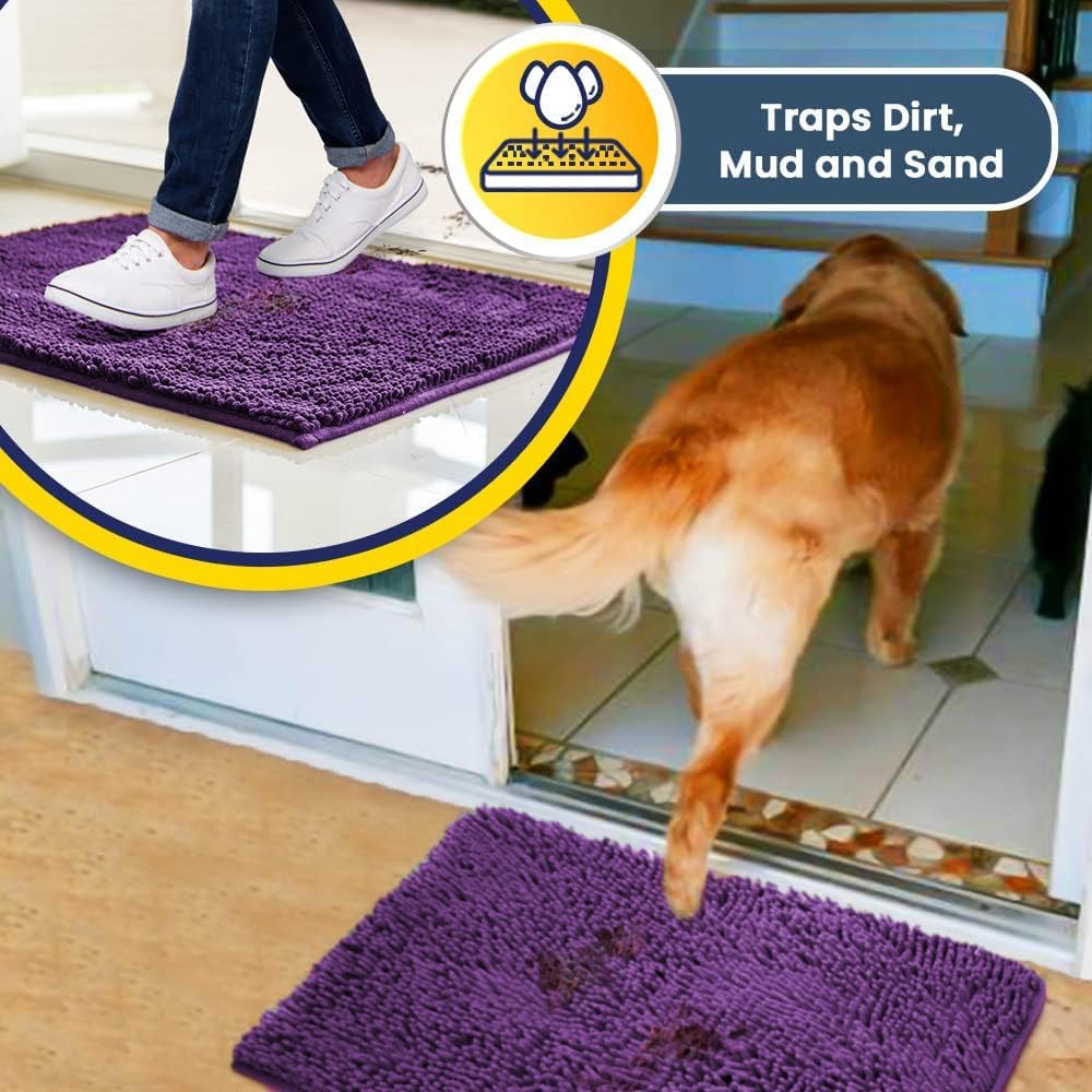 Muddy Mat® AS-SEEN-ON-TV Highly Absorbent Microfiber Door Mat and Pet Rug, Non Slip Thick Washable Area and Bath Mat Soft Chenille for Kitchen Bathroom Bedroom Indoor and Outdoor - Purple 24" x 120"
