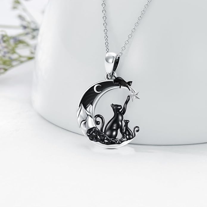 Gothic Jewelry Bat/Cat/Wolf/Dragon/Owl/Fox/Spider/Sun Pendant Sterling Silver Crescent Moon Necklace for Women Girls Black Jewelry Gifts