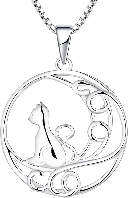 YL Women's Cat Necklace 925 Sterling Silver Heart Pendant Filigree Moon Jewelry for Girls