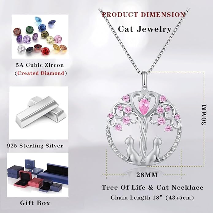 jiamiaoi 18K White Gold Plated Cat Necklace 925 Sterling Silver Diamond Cat Necklace Silver Cat On Moon Necklace for Women Gift for Birthday/Christmas, Come with Gift Box