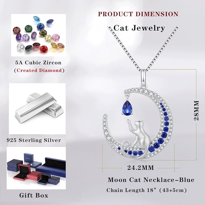 jiamiaoi 18K White Gold Plated Cat Necklace 925 Sterling Silver Diamond Cat Necklace Silver Cat On Moon Necklace for Women Gift for Birthday/Christmas, Come with Gift Box