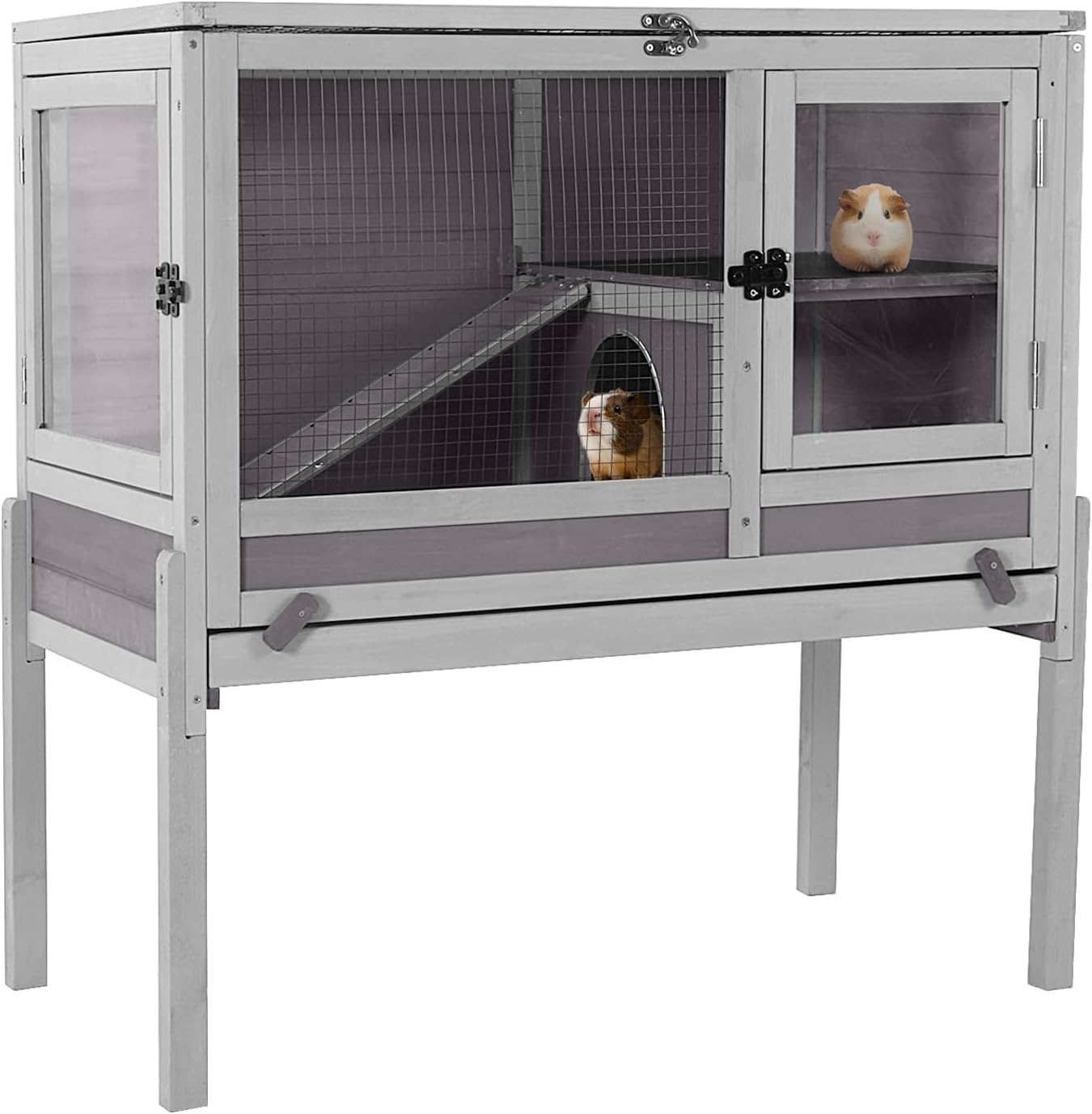 GUTINNEEN Rabbit Hutch Bunny House, 36.6" L Rabbit Cage with Anti Chewing Ramp, Guinea Pig Cage with Cooling Galvanized Sheet, Detachable Legs(Grey)