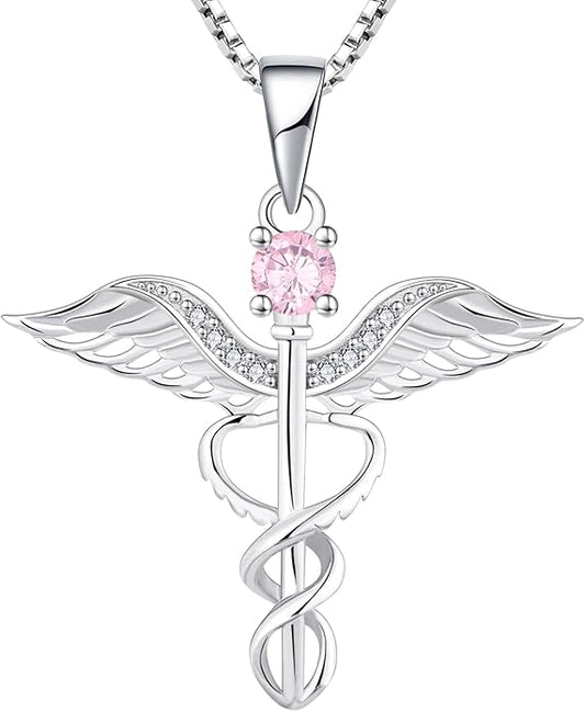 YL Caduceus Necklace Sterling Silver Doctor Nurse Themed Pendant Birthstone Angel Wings Snake Jewelry for Women