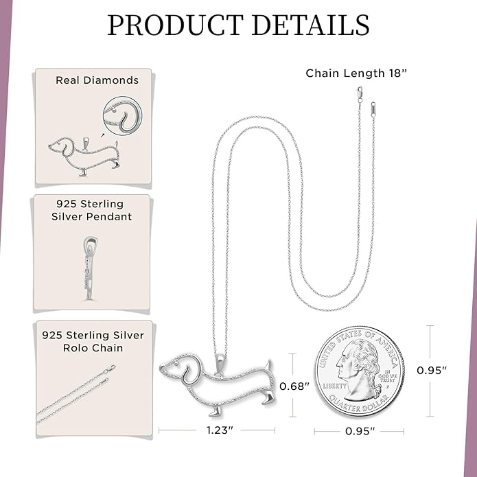 Jewelili Sterling Silver Dachsund Dog Pendant Necklace | Natural White Round Diamonds | 18" Rolo Chain | Fine Jewelry with Gift Box | Timeless Fashion Jewelry Gift for Her