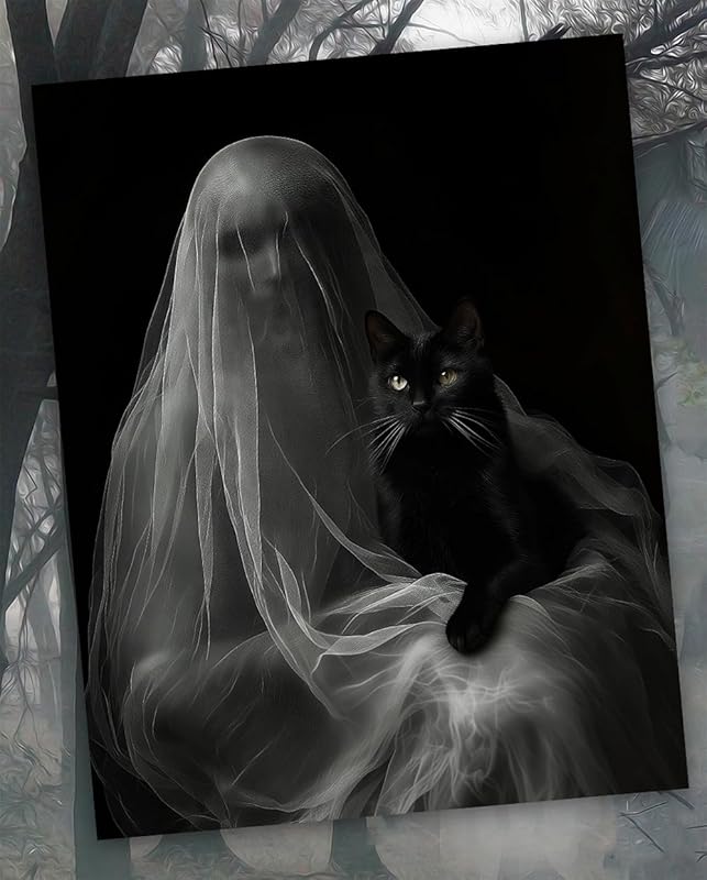 Ghost with a Black Cat Halloween Poster - Dark Academia Gothic Home Decor, Eerie Mystery Figure Art Print for Halloween Enthusiasts and Unique Wall Art Collectors (Unframed Print Poster, 11x14)