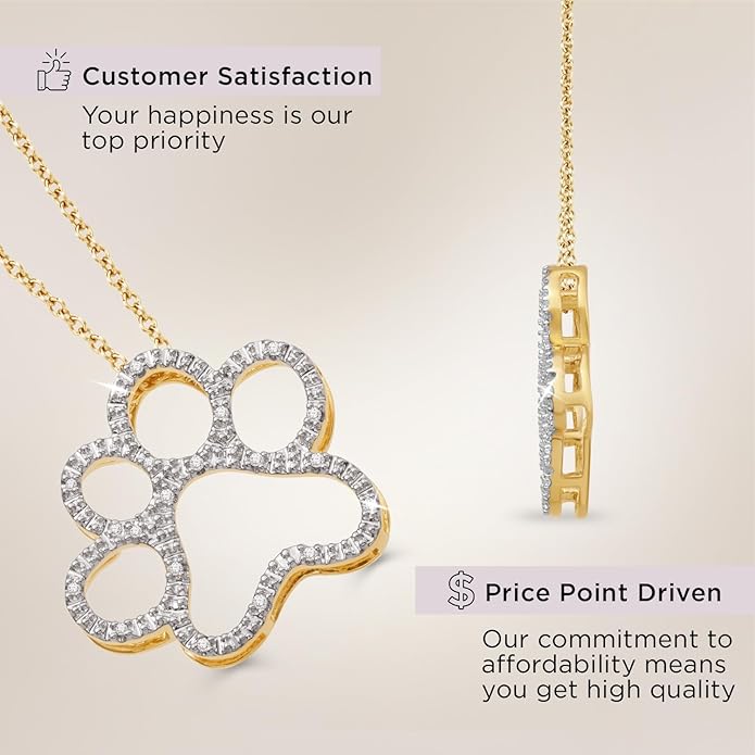 Jewelili Sterling Silver or Yellow Gold Plated Sterling Silver Dog Paw Pendant Necklace for Women | Treated Black or Natural White Round Diamonds | 18" Rolo Chain | Luxury Jewelry Gift for Her | Gift Box Included