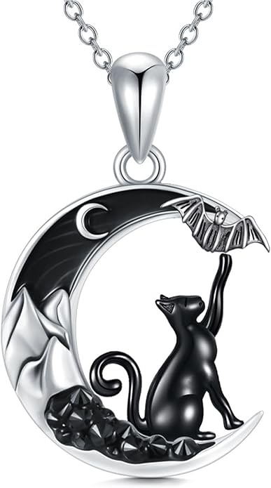 Gothic Jewelry Bat/Cat/Wolf/Dragon/Owl/Fox/Spider/Sun Pendant Sterling Silver Crescent Moon Necklace for Women Girls Black Jewelry Gifts
