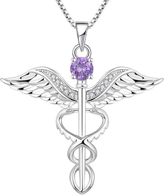 YL Caduceus Necklace Sterling Silver Doctor Nurse Themed Pendant Birthstone Angel Wings Snake Jewelry for Women