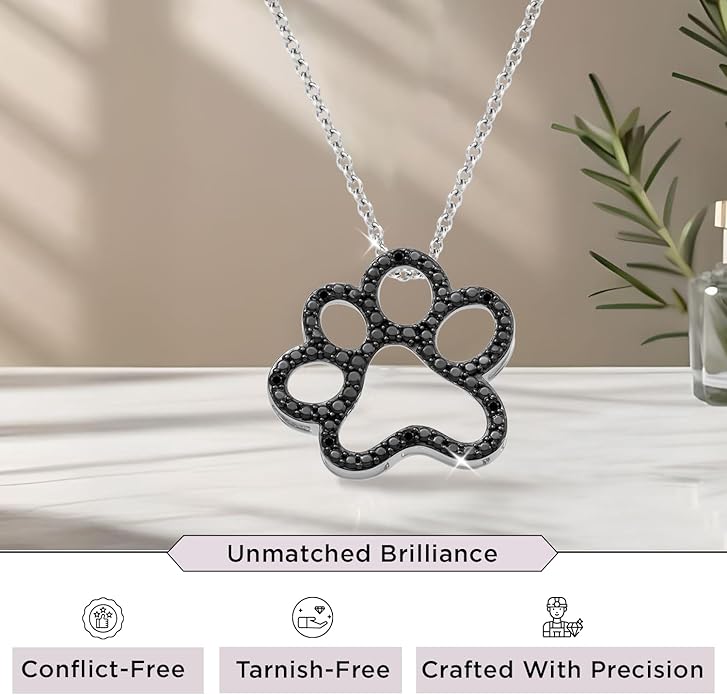 Jewelili Sterling Silver or Yellow Gold Plated Sterling Silver Dog Paw Pendant Necklace for Women | Treated Black or Natural White Round Diamonds | 18" Rolo Chain | Luxury Jewelry Gift for Her | Gift Box Included