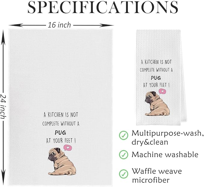 Funny Pug Dish Towels Set - Pug Waffle Weave Kitchen Towels, Pug Decorative Hand Tea Towels for Bathroom Kitchen, Pug Gifts for Pug Lovers (16×24 Inches Set of 2)