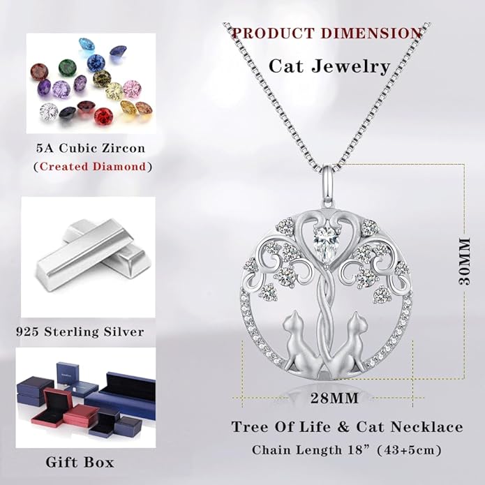 jiamiaoi 18K White Gold Plated Cat Necklace 925 Sterling Silver Diamond Cat Necklace Silver Cat On Moon Necklace for Women Gift for Birthday/Christmas, Come with Gift Box