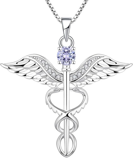 YL Caduceus Necklace Sterling Silver Doctor Nurse Themed Pendant Birthstone Angel Wings Snake Jewelry for Women