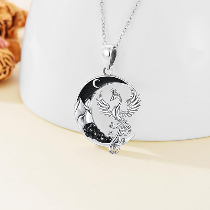 Gothic Jewelry Bat/Cat/Wolf/Dragon/Owl/Fox/Spider/Sun Pendant Sterling Silver Crescent Moon Necklace for Women Girls Black Jewelry Gifts