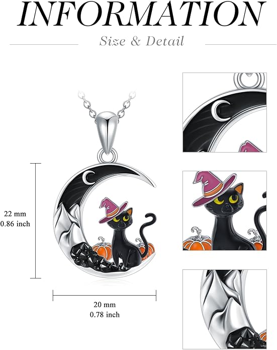 Gothic Jewelry Bat/Cat/Wolf/Dragon/Owl/Fox/Spider/Sun Pendant Sterling Silver Crescent Moon Necklace for Women Girls Black Jewelry Gifts