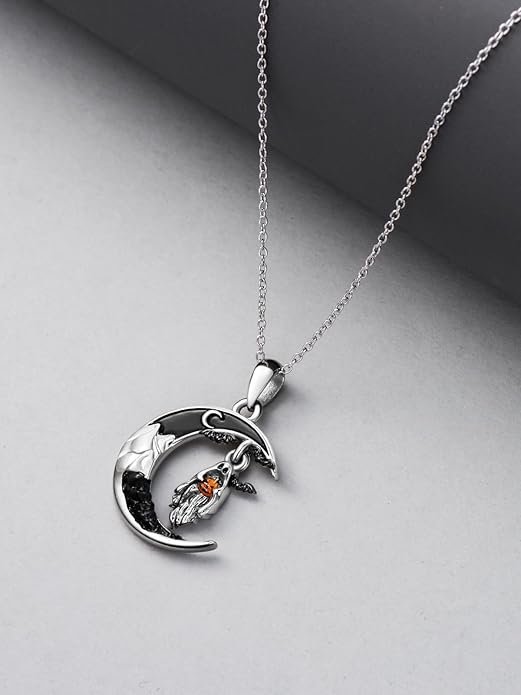 Gothic Jewelry Bat/Cat/Wolf/Dragon/Owl/Fox/Spider/Sun Pendant Sterling Silver Crescent Moon Necklace for Women Girls Black Jewelry Gifts