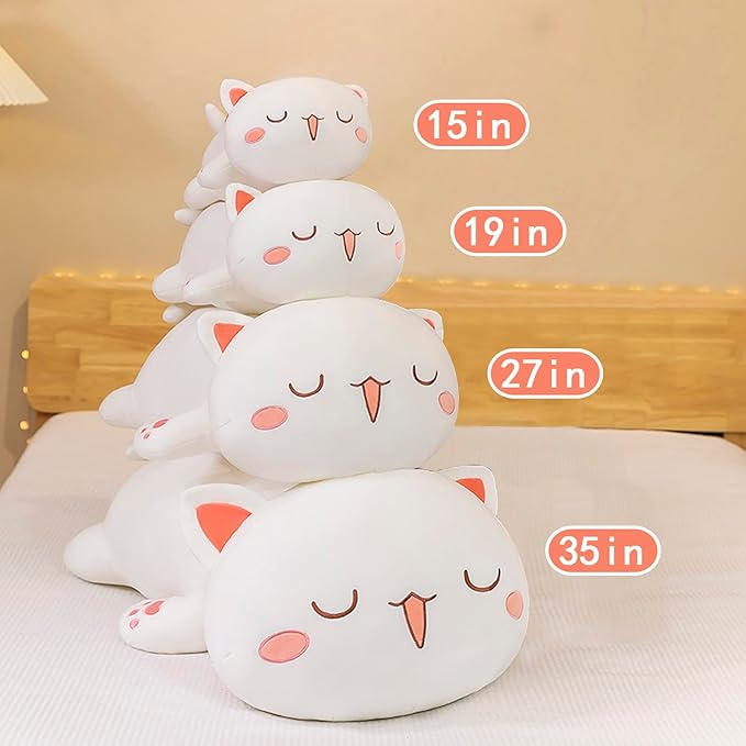 FUYU Cat Stuffed Animals, Soft Cat Plush Pillow Kawaii Kitten Stuffed Animal Toy Gifts for Kids Boys Girls Room Decor (White Squinted Eyes,19in/50cm)