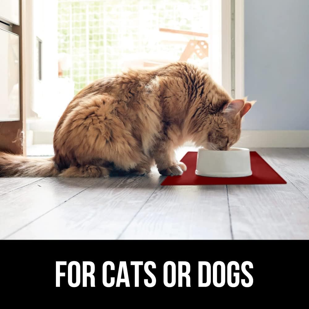 GORILLA GRIP 100% Waterproof Raised Edge BPA Free Silicone Pet Feeding Mat, Dog Cat Food Mats Contain Spills Protects Floors, Placemats for Cats and Dogs Water Bowl, Pets Accessories 28x18 Red
