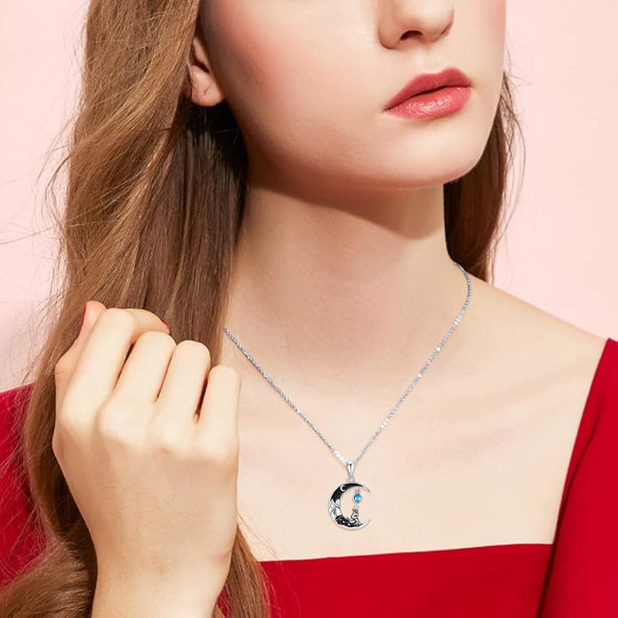 Gothic Jewelry Bat/Cat/Wolf/Dragon/Owl/Fox/Spider/Sun Pendant Sterling Silver Crescent Moon Necklace for Women Girls Black Jewelry Gifts