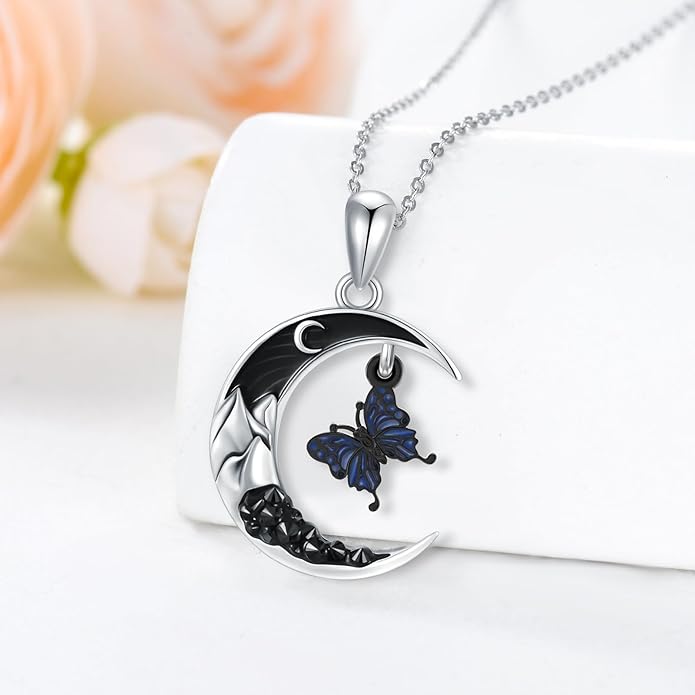 Gothic Jewelry Bat/Cat/Wolf/Dragon/Owl/Fox/Spider/Sun Pendant Sterling Silver Crescent Moon Necklace for Women Girls Black Jewelry Gifts