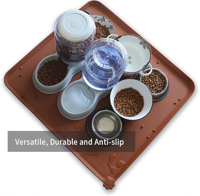 Hoki Found XX-Large Silicone Pet Food Mats Tray - Non Slip Pet Dog Cat Bowl Mats Placemat - Dog Pet Cat Feeding Mat - Waterproof Dog Cat Food Mats -Pet Water Mats for Carpet - Caramel