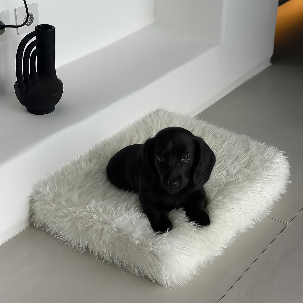 IHAPPYDOG Luxury Faux Fur Orthopedic Dog Beds, Memory Foam Crate Bed for Small, Medium, Large and XL Pets, Fluffy Pet Bed with Waterproof and Washable Cover, Fits Crates (White, 23"x18")