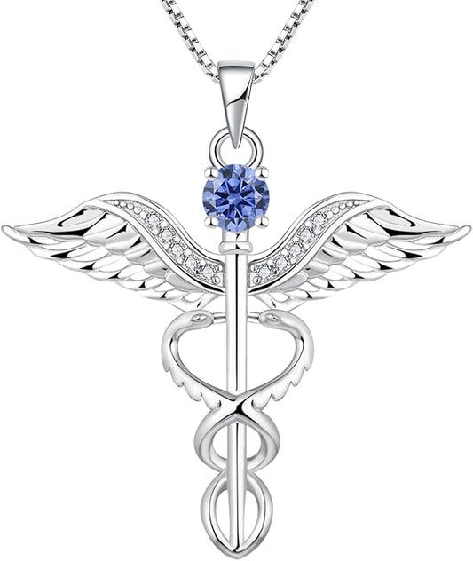 YL Caduceus Necklace Sterling Silver Doctor Nurse Themed Pendant Birthstone Angel Wings Snake Jewelry for Women