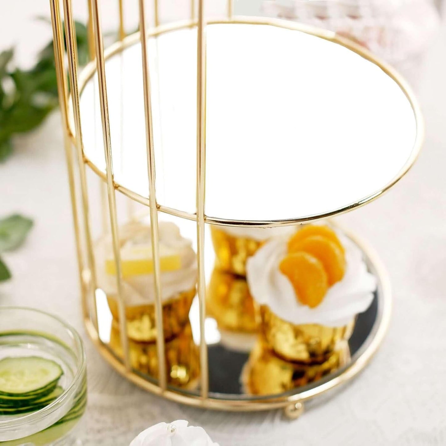 Efavormart 22" - 3 Tier Crystal Mirror Top Gold Metal Bird Cage Cupcake Cake Stand, Dessert Display for Wedding, Party, Birthday, Baby Shower Celebrations, Home Decorations