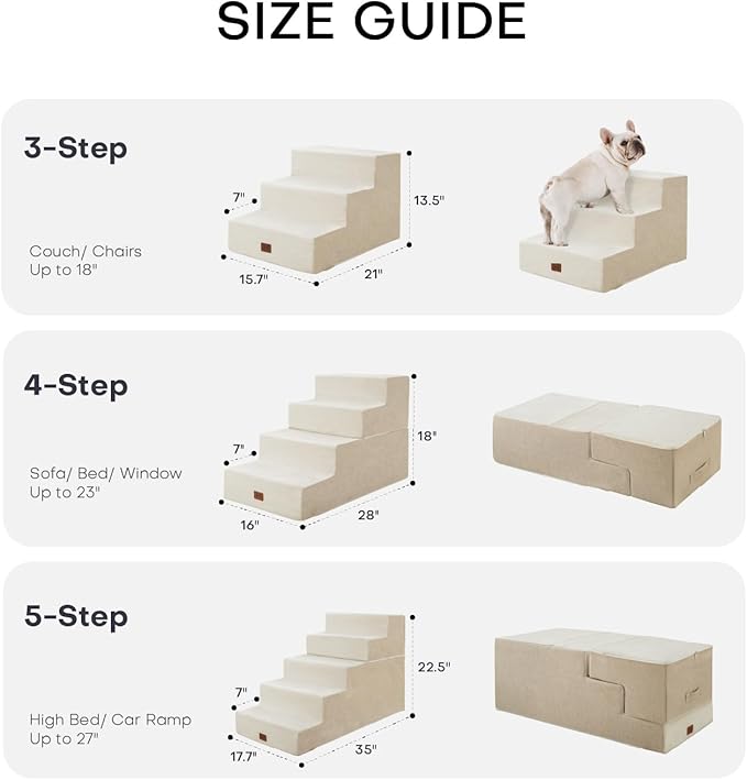 Dog Stairs for High Bed, Dog Steps for Bed Couch Sofa, 35D Foam Extra Wide Pet Steps for Small Dogs and Cats, Pet Stairs with Non-Slip Bottom Beige, 5 Steps