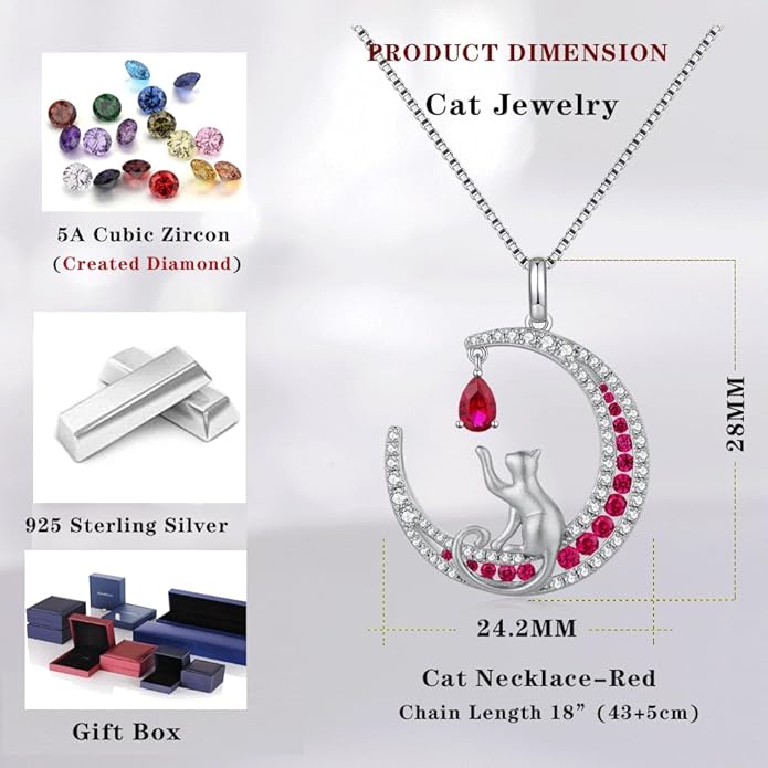 jiamiaoi 18K White Gold Plated Cat Necklace 925 Sterling Silver Diamond Cat Necklace Silver Cat On Moon Necklace for Women Gift for Birthday/Christmas, Come with Gift Box