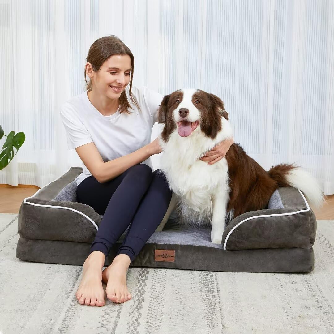 Comfort Expression Orthopedic Memory Foam Dog Beds, XL Dog Beds for Extra Large Dogs, Washable Dogs Beds with Removable Cover, Waterproof Pet Sofa Couch with Bolster(X-Large,Olive Green)