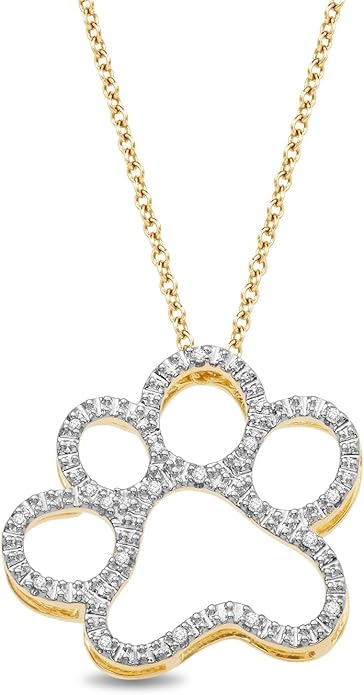 Jewelili Sterling Silver or Yellow Gold Plated Sterling Silver Dog Paw Pendant Necklace for Women | Treated Black or Natural White Round Diamonds | 18" Rolo Chain | Luxury Jewelry Gift for Her | Gift Box Included