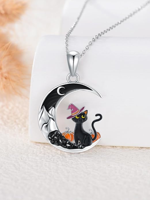Gothic Jewelry Bat/Cat/Wolf/Dragon/Owl/Fox/Spider/Sun Pendant Sterling Silver Crescent Moon Necklace for Women Girls Black Jewelry Gifts