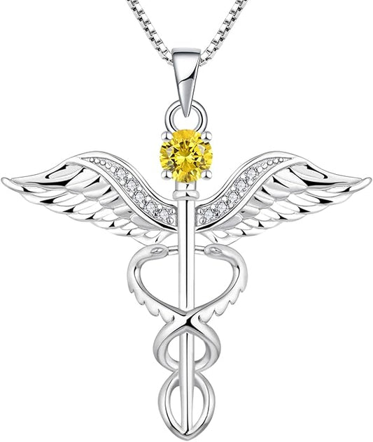 YL Caduceus Necklace Sterling Silver Doctor Nurse Themed Pendant Birthstone Angel Wings Snake Jewelry for Women